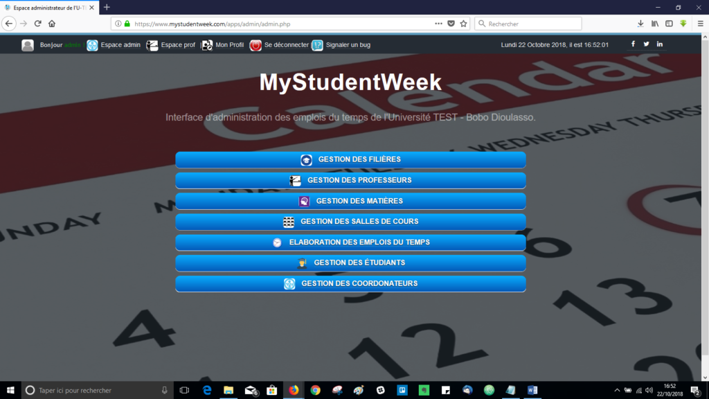 Interface Administrateur de MyStudentWeek